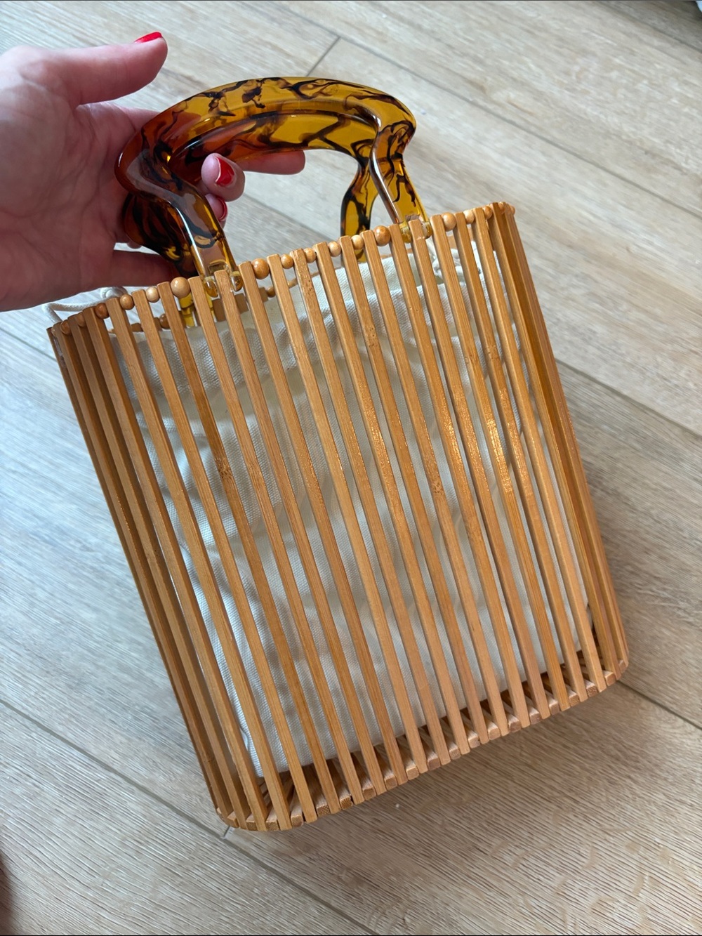Cult Gaia like Bamboo Slatted Tote with Tortoiseshell Acrylic Handles - Honey